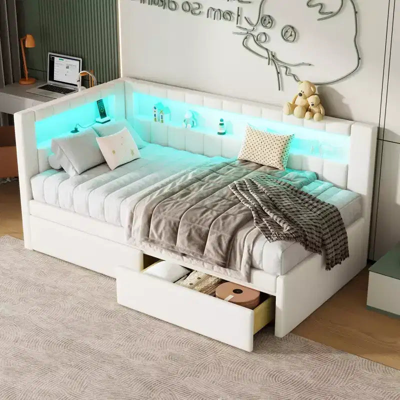 Letto matrimoniale imbottito con porte USB, striscia LED e 2 cassetti portaoggetti, bianco