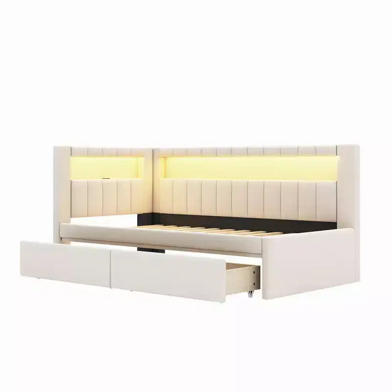 Letto matrimoniale imbottito con porte USB, striscia LED e 2 cassetti portaoggetti, bianco