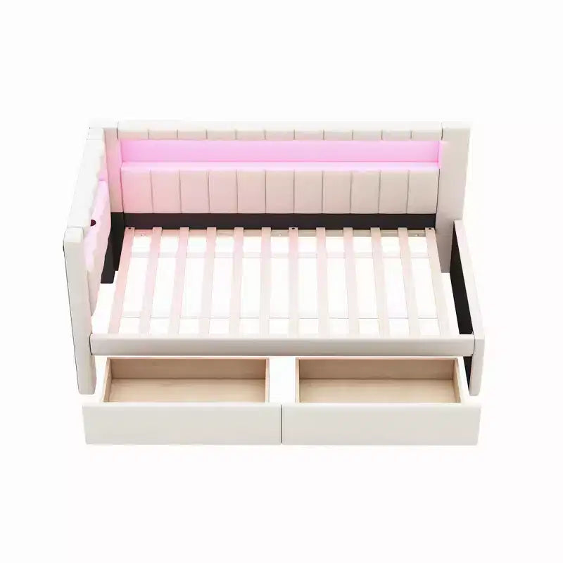 Letto matrimoniale imbottito con porte USB, striscia LED e 2 cassetti portaoggetti, bianco