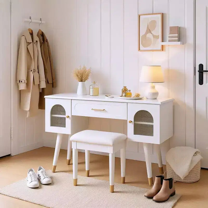Toeletta Homy Casa con sgabello e mobili contenitori per camera da letto o spogliatoio, bianca
