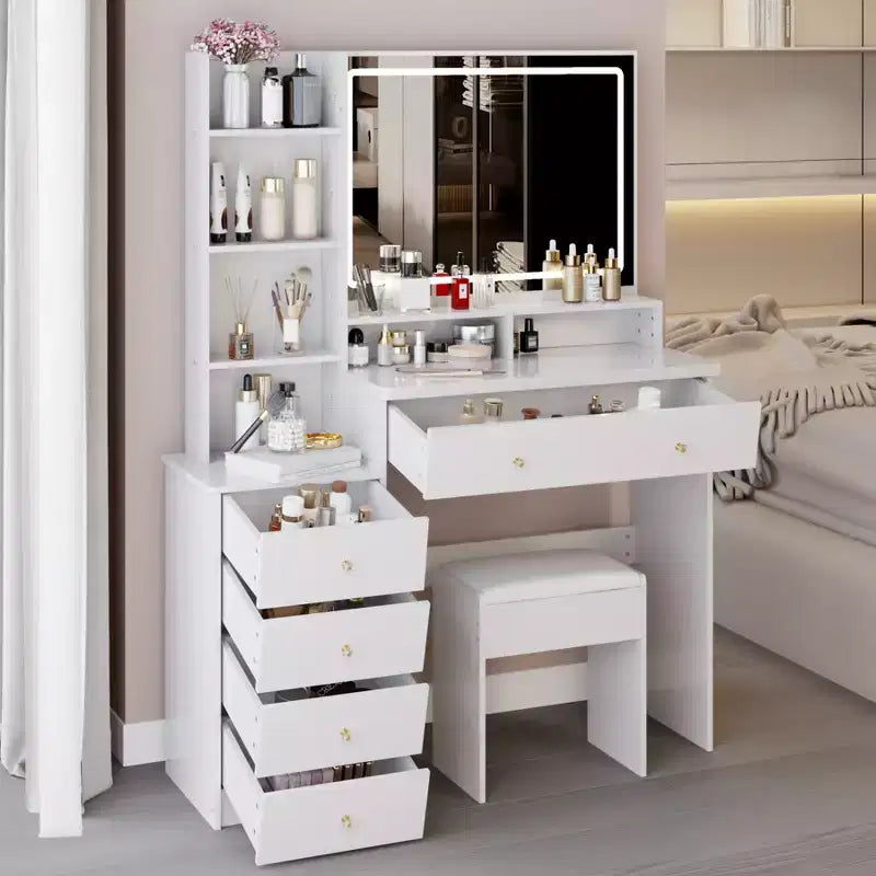 Conjunto de tocador de 40 de gran tamaño con gabinete lateral izquierdo para cama, mesa de tocador y cómoda con taburete acolchado