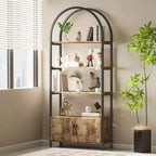 Libreria ad arco a 4 livelli con ante e vano portaoggetti, libreria industriale alta 181 cm con struttura in metallo, libreria curva aperta, espositore