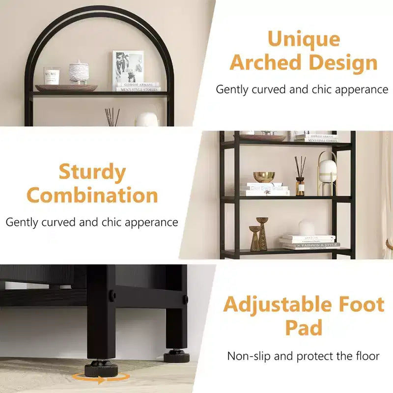 Libreria ad arco a 4 livelli con ante e vano portaoggetti, libreria industriale alta 181 cm con struttura in metallo, libreria curva aperta, espositore