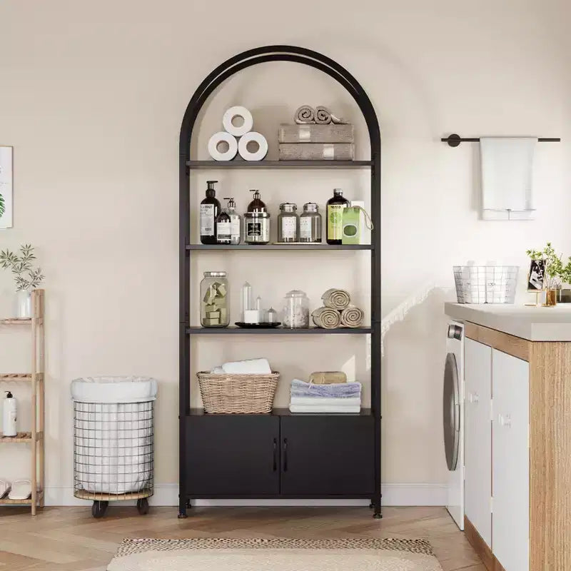 Libreria ad arco a 4 livelli con ante e vano portaoggetti, libreria industriale alta 181 cm con struttura in metallo, libreria curva aperta, espositore