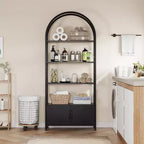 Libreria ad arco a 4 livelli con ante e vano portaoggetti, libreria industriale alta 181 cm con struttura in metallo, libreria curva aperta, espositore