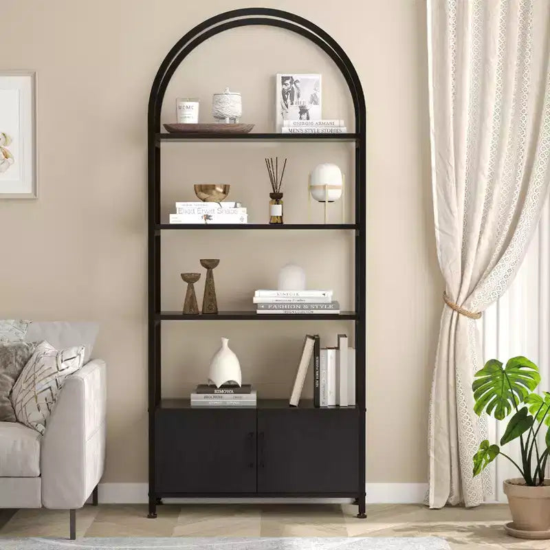 Libreria ad arco a 4 livelli con ante e vano portaoggetti, libreria industriale alta 181 cm con struttura in metallo, libreria curva aperta, espositore