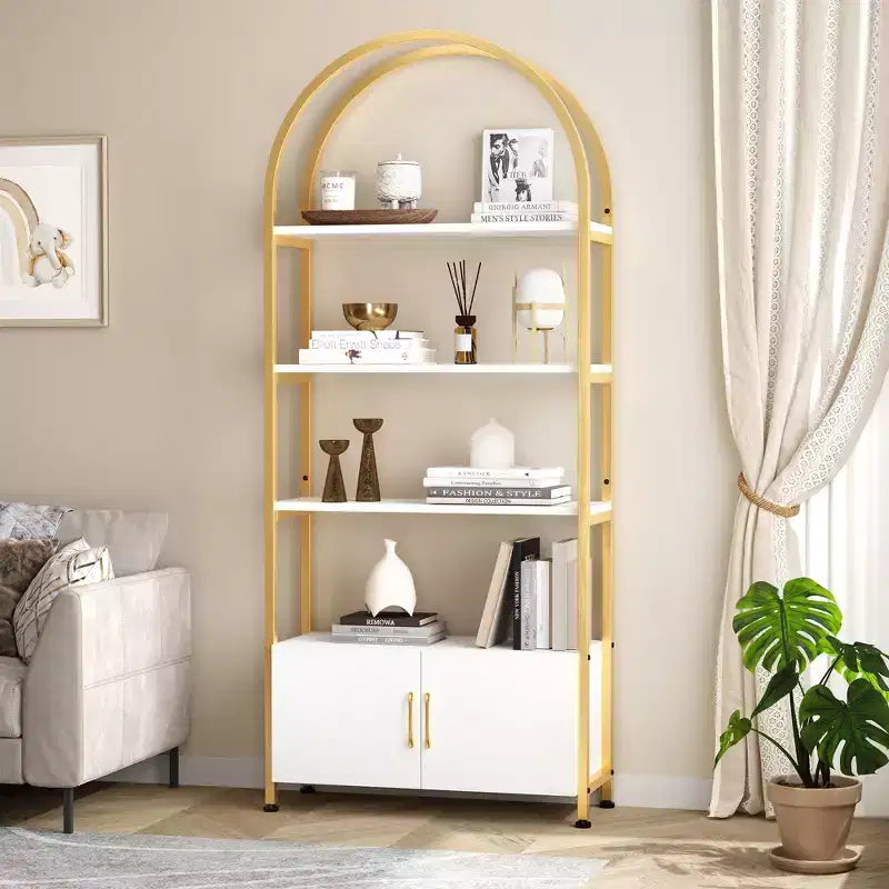Libreria ad arco a 4 livelli con ante e vano portaoggetti, libreria industriale alta 181 cm con struttura in metallo, libreria curva aperta, espositore