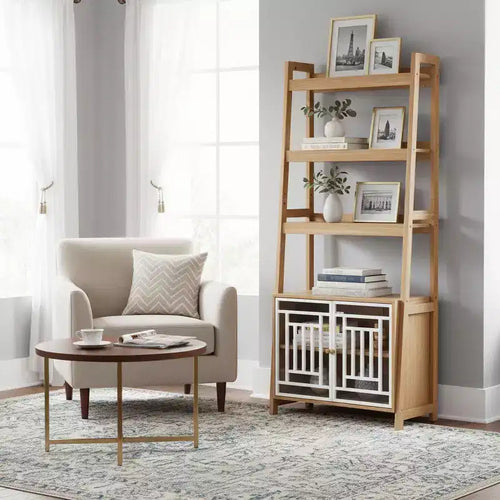 Homy Casa Ladder Shelf with Storage Cabinet and Open Display, Natural