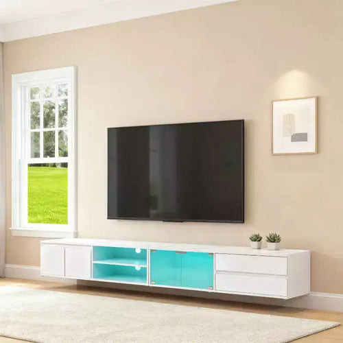 Homy Casa TV Stand with LED Lights and Storage Cabinets for Living Room or Entertainment Area, White