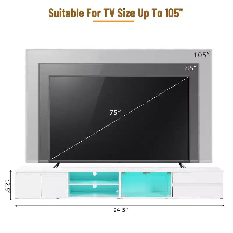 Mobile TV da 94,5" con luci LED e armadietti, supporta TV fino a 105", soggiorno, bianco