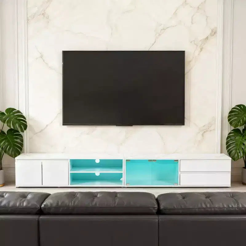 Mobile TV da 94,5" con luci LED e armadietti, supporta TV fino a 105", soggiorno, bianco