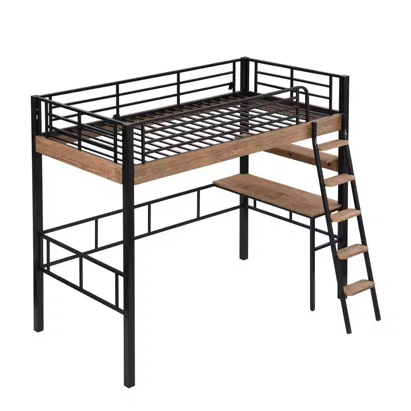Letto a soppalco singolo con scrivania, scala e librerie, struttura in metallo resistente, design salvaspazio, nero