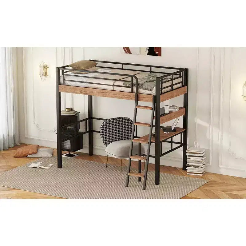 Letto a soppalco singolo con scrivania, scala e librerie, struttura in metallo resistente, design salvaspazio, nero