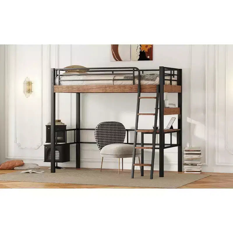 Letto a soppalco singolo con scrivania, scala e librerie, struttura in metallo resistente, design salvaspazio, nero