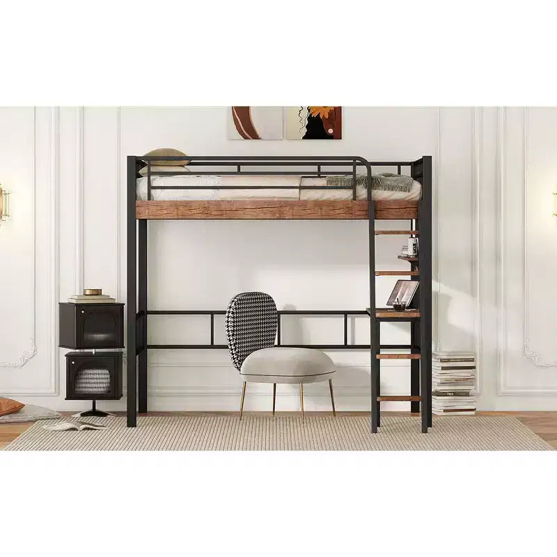 Letto a soppalco singolo con scrivania, scala e librerie, struttura in metallo resistente, design salvaspazio, nero