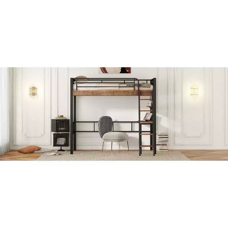 Letto a soppalco singolo con scrivania, scala e librerie, struttura in metallo resistente, design salvaspazio, nero