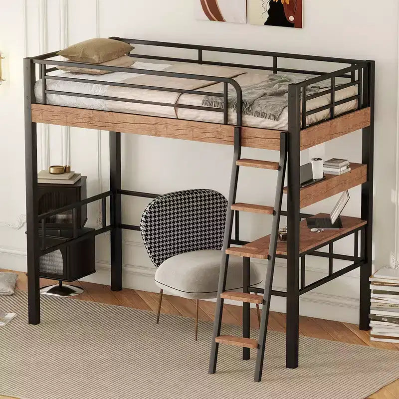 Letto a soppalco singolo con scrivania, scala e librerie, struttura in metallo resistente, design salvaspazio, nero