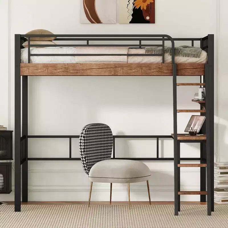 Letto a soppalco singolo con scrivania, scala e librerie, struttura in metallo resistente, design salvaspazio, nero
