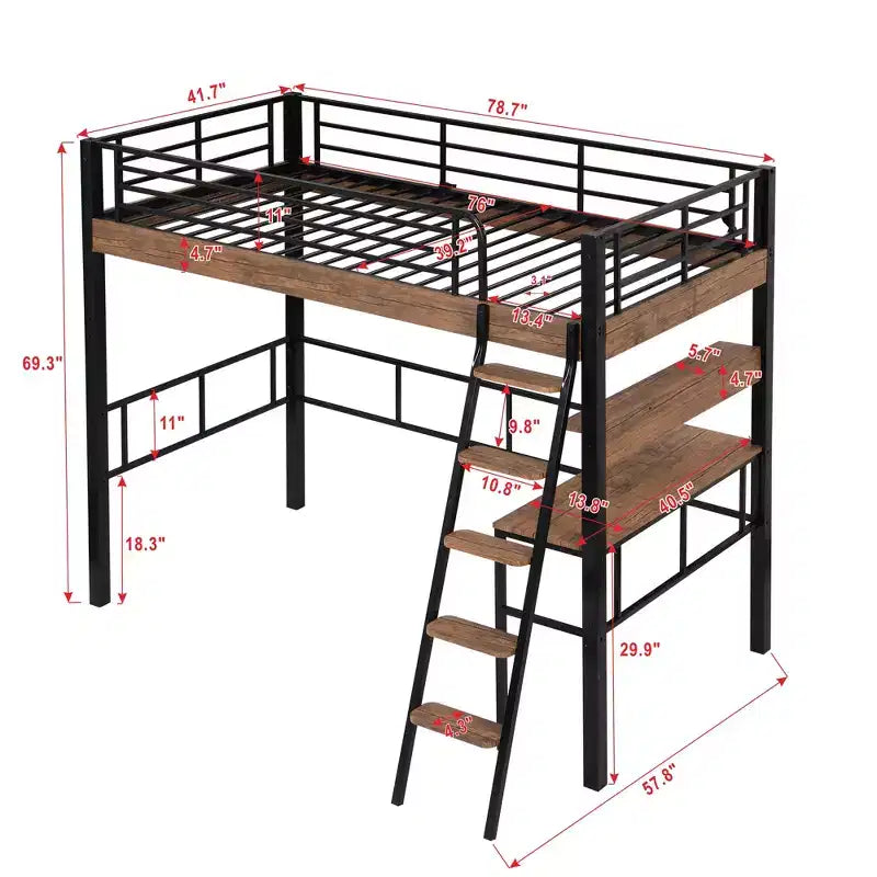 Letto a soppalco singolo con scrivania, scala e librerie, struttura in metallo resistente, design salvaspazio, nero