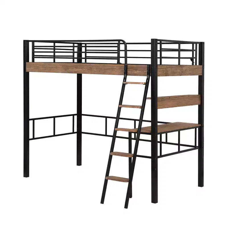 Letto a soppalco singolo con scrivania, scala e librerie, struttura in metallo resistente, design salvaspazio, nero