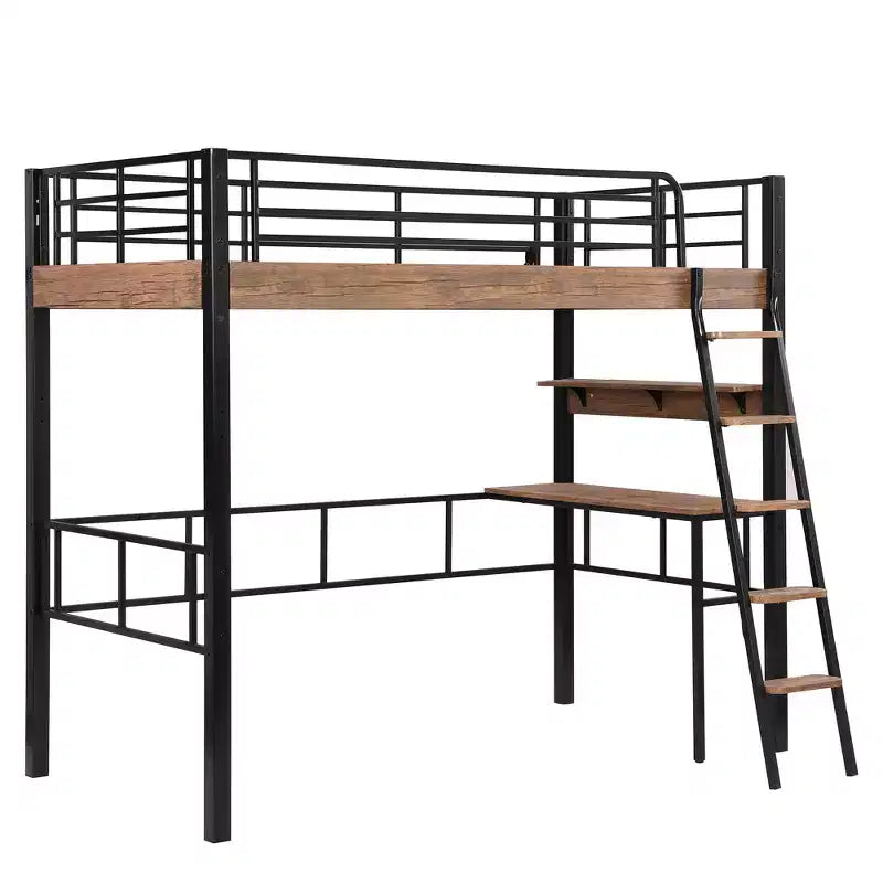 Letto a soppalco singolo con scrivania, scala e librerie, struttura in metallo resistente, design salvaspazio, nero