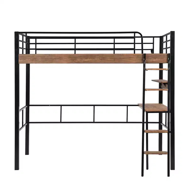 Letto a soppalco singolo con scrivania, scala e librerie, struttura in metallo resistente, design salvaspazio, nero