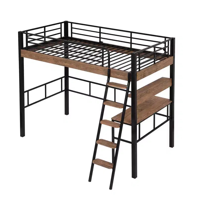 Letto a soppalco singolo con scrivania, scala e librerie, struttura in metallo resistente, design salvaspazio, nero