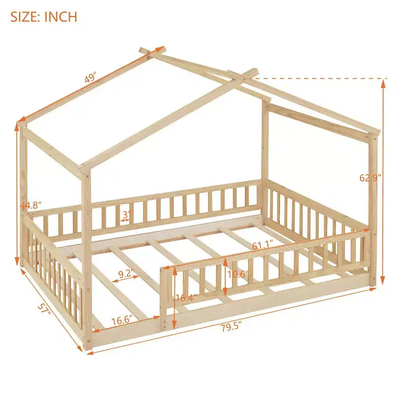 Struttura letto a capanna Montessori a grandezza naturale con recinzione e tetto, lettino per bambini, legno naturale