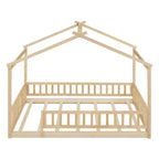 Struttura letto a capanna Montessori a grandezza naturale con recinzione e tetto, lettino per bambini, legno naturale