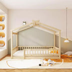Struttura letto a capanna Montessori a grandezza naturale con recinzione e tetto, lettino per bambini, legno naturale