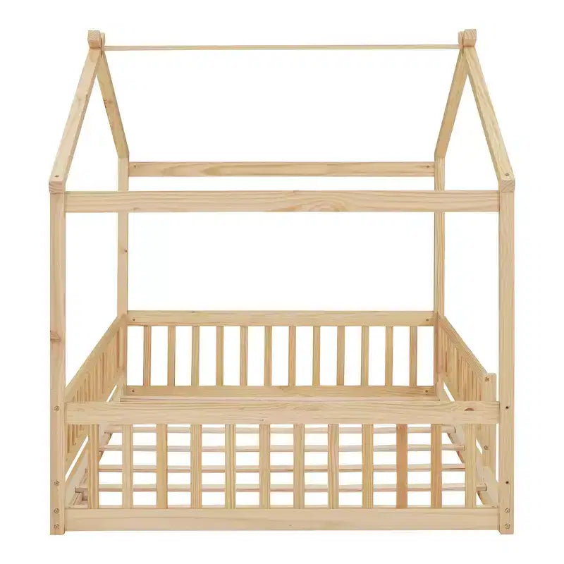 Struttura letto a capanna Montessori a grandezza naturale con recinzione e tetto, lettino per bambini, legno naturale
