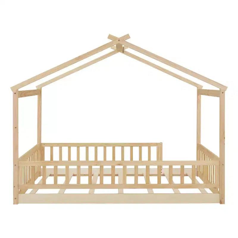 Struttura letto a capanna Montessori a grandezza naturale con recinzione e tetto, lettino per bambini, legno naturale