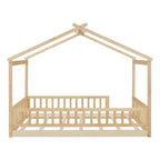 Struttura letto a capanna Montessori a grandezza naturale con recinzione e tetto, lettino per bambini, legno naturale