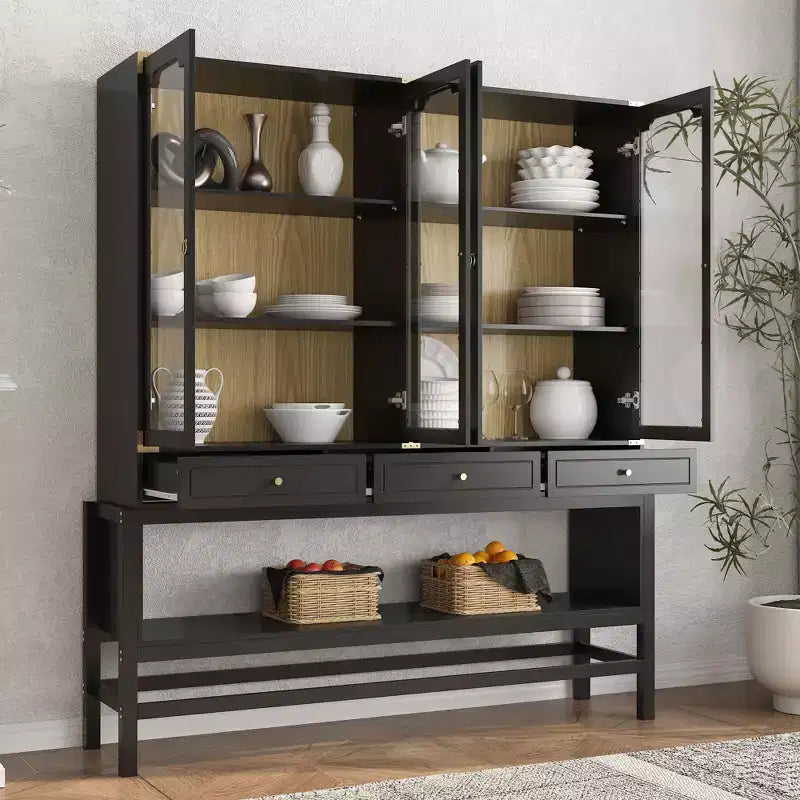 Dispensa da Cucina con Ante in Vetro, Ripiani Regolabili e Dettagli Dorati, Mobiletto per Stoviglie