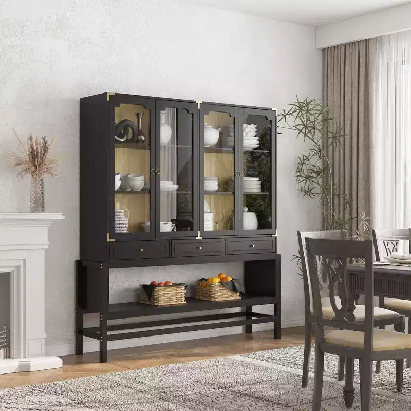 Dispensa da Cucina con Ante in Vetro, Ripiani Regolabili e Dettagli Dorati, Mobiletto per Stoviglie