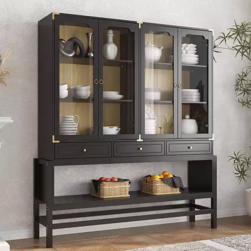Dispensa da Cucina con Ante in Vetro, Ripiani Regolabili e Dettagli Dorati, Mobiletto per Stoviglie