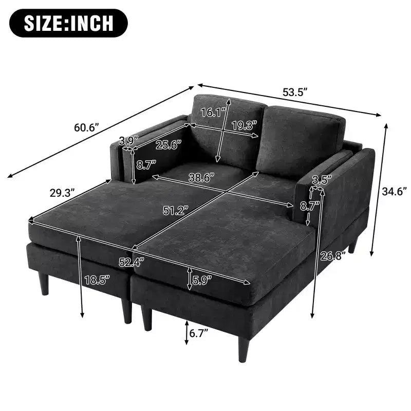 Sofà Chaise Longue Moderno da 53,5" in Ciniglia, Convertibile a 2 Posti con Cuscini in Schiuma ad Alta Densità, Capacità 227 kg