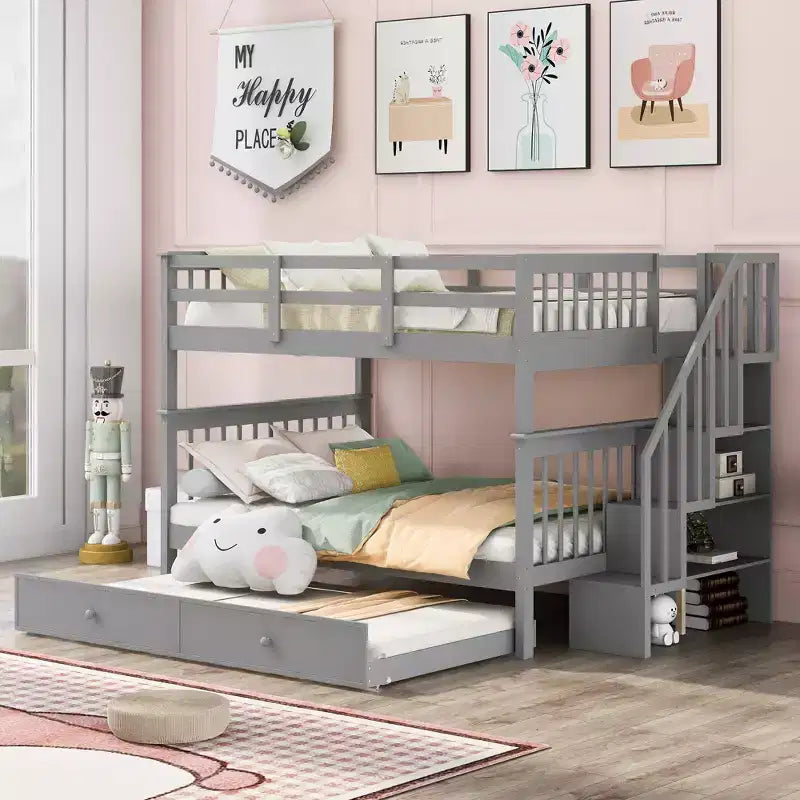 Letti a castello matrimoniali con letto estraibile e scala, letto a castello in legno con scala, contenitore e parapetto per dormitorio