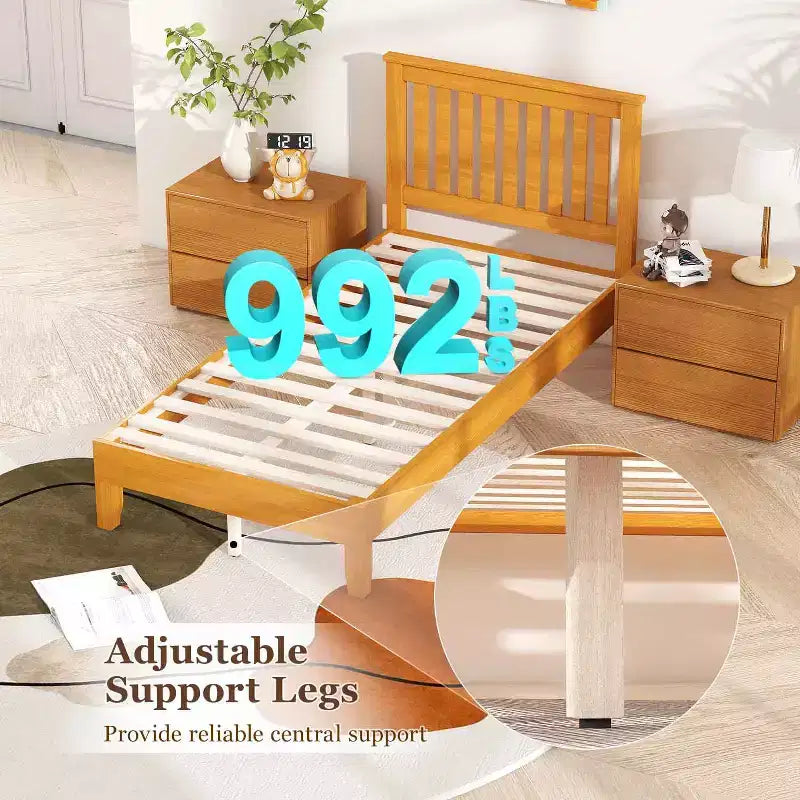 Struttura Letto a Piattaforma in Legno Massello con Testiera, Supporto a 14 Doghe, Nessuna Rete a Molle Necessaria, Matrimoniale/Una Piazza e Mezza/Queen/King