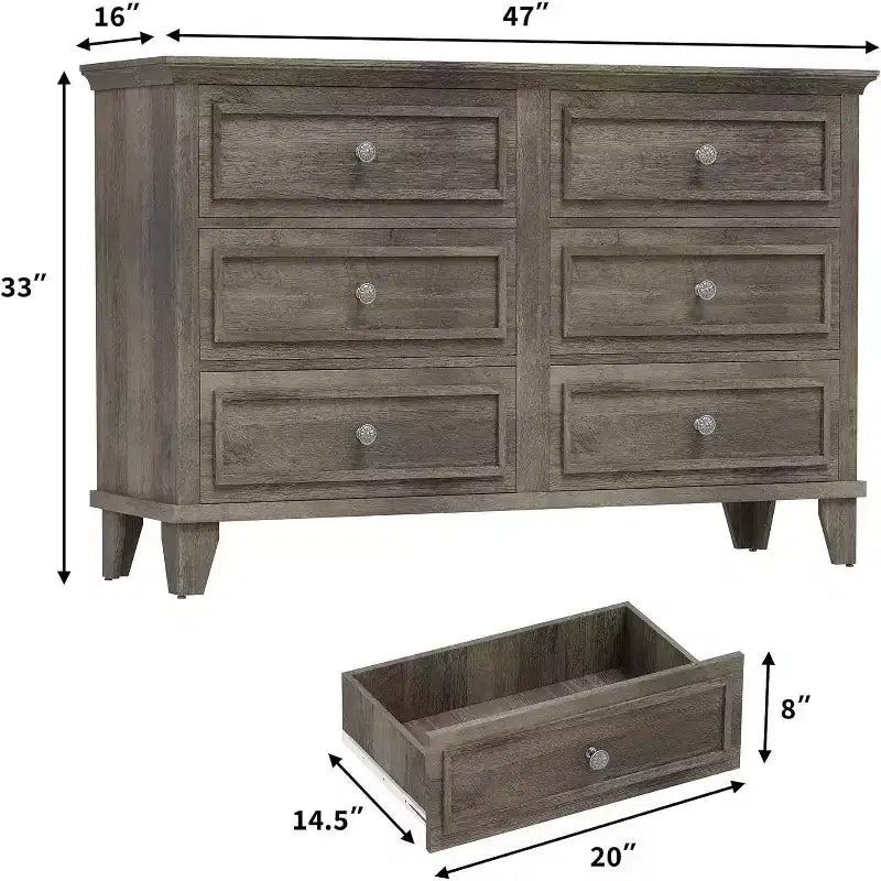Cassettiera a 6 cassetti in stile rustico, bianca, porta TV doppio con maniglie vintage, comò in legno per camera da letto