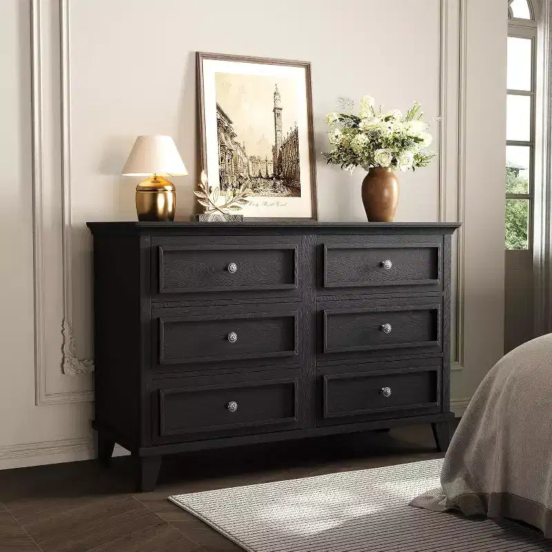 COZONY Farmhouse 6-Drawer Dresser in White, Double Wide TV Stand with Vintage Handles, Wood Chest of Drawers for Bedroom, Living Room, Hallway