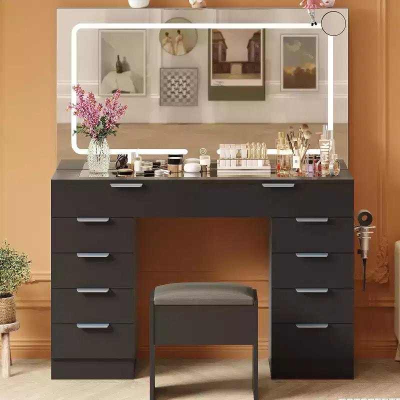 Vanity Desk with Large Mirror and Lights, Makeup Vanity Desk Table Set with Glass Top,Power Outlet, Stool, Dressing Table for Bedroom