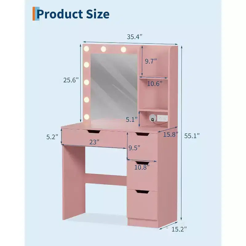 Vanity Desk with Mirror and Lights - Makeup Vanity Desk with 4 Drawers, Built-in Power Outlet, Adjustable LED Lighting, for Bedroom