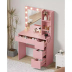 Vanity Desk with Mirror and Lights - Makeup Vanity Desk with 4 Drawers, Built-in Power Outlet, Adjustable LED Lighting, for Bedroom