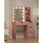 Vanity Desk with Mirror and Lights - Makeup Vanity Desk with 4 Drawers, Built-in Power Outlet, Adjustable LED Lighting, for Bedroom