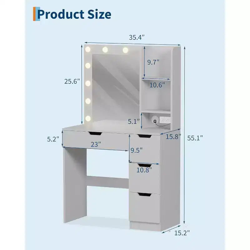 Vanity Desk with Mirror and Lights - Makeup Vanity Desk with 4 Drawers, Built-in Power Outlet, Adjustable LED Lighting, for Bedroom
