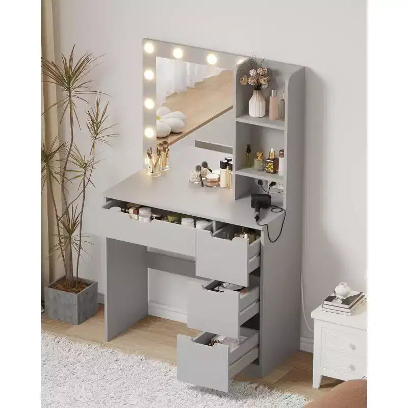 Vanity Desk with Mirror and Lights - Makeup Vanity Desk with 4 Drawers, Built-in Power Outlet, Adjustable LED Lighting, for Bedroom