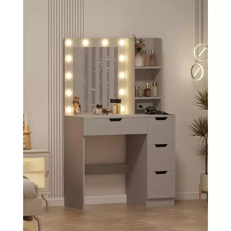 Vanity Desk with Mirror and Lights - Makeup Vanity Desk with 4 Drawers, Built-in Power Outlet, Adjustable LED Lighting, for Bedroom