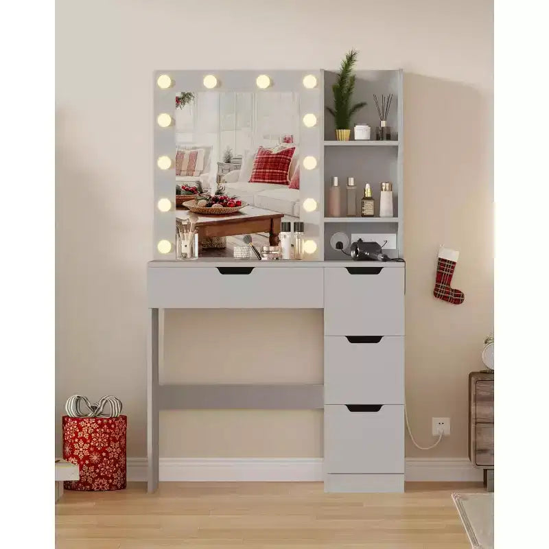 Vanity Desk with Mirror and Lights - Makeup Vanity Desk with 4 Drawers, Built-in Power Outlet, Adjustable LED Lighting, for Bedroom