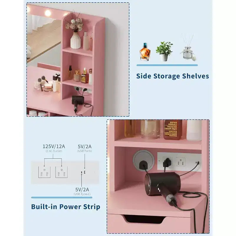 Vanity Desk with Mirror and Lights - Makeup Vanity Desk with 4 Drawers, Built-in Power Outlet, Adjustable LED Lighting, for Bedroom